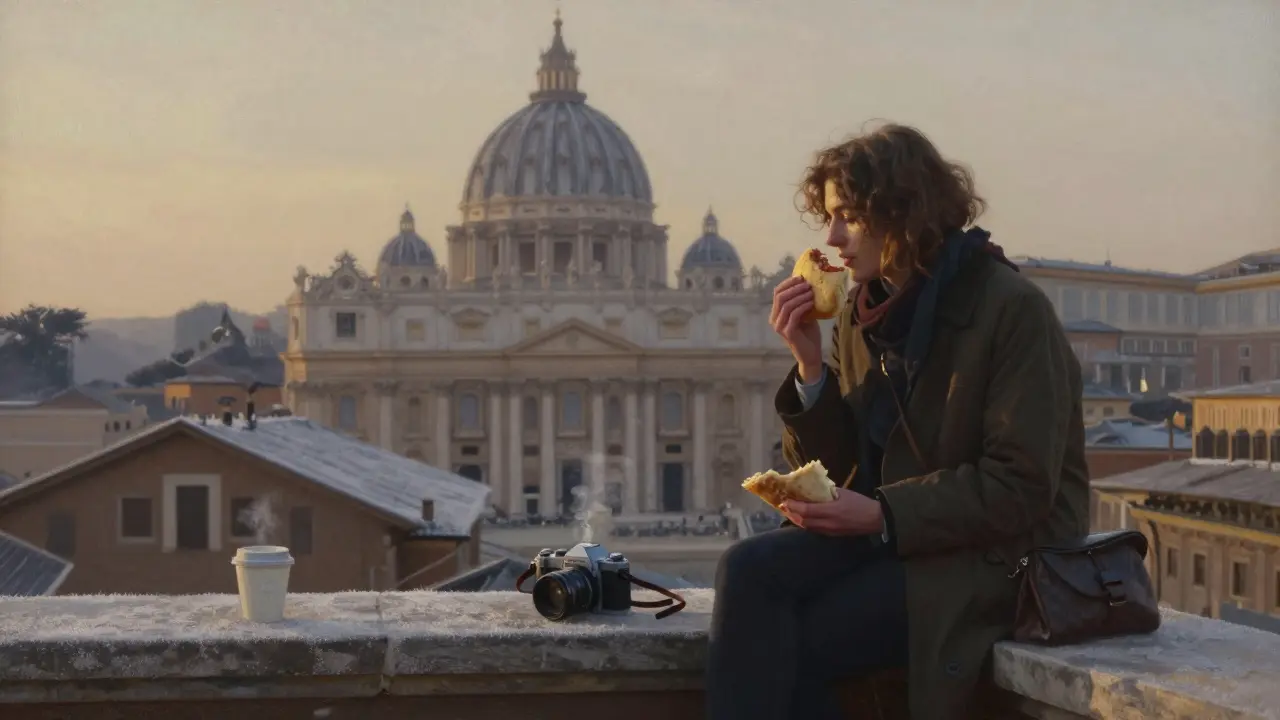 A woman sits on a rooftop terrace near the Vatican at dawn, eating a panino with a film camera beside her.