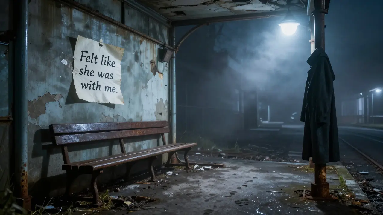 An abandoned tram depot at midnight with a note on the wall and a coat hanging on a lamppost.
