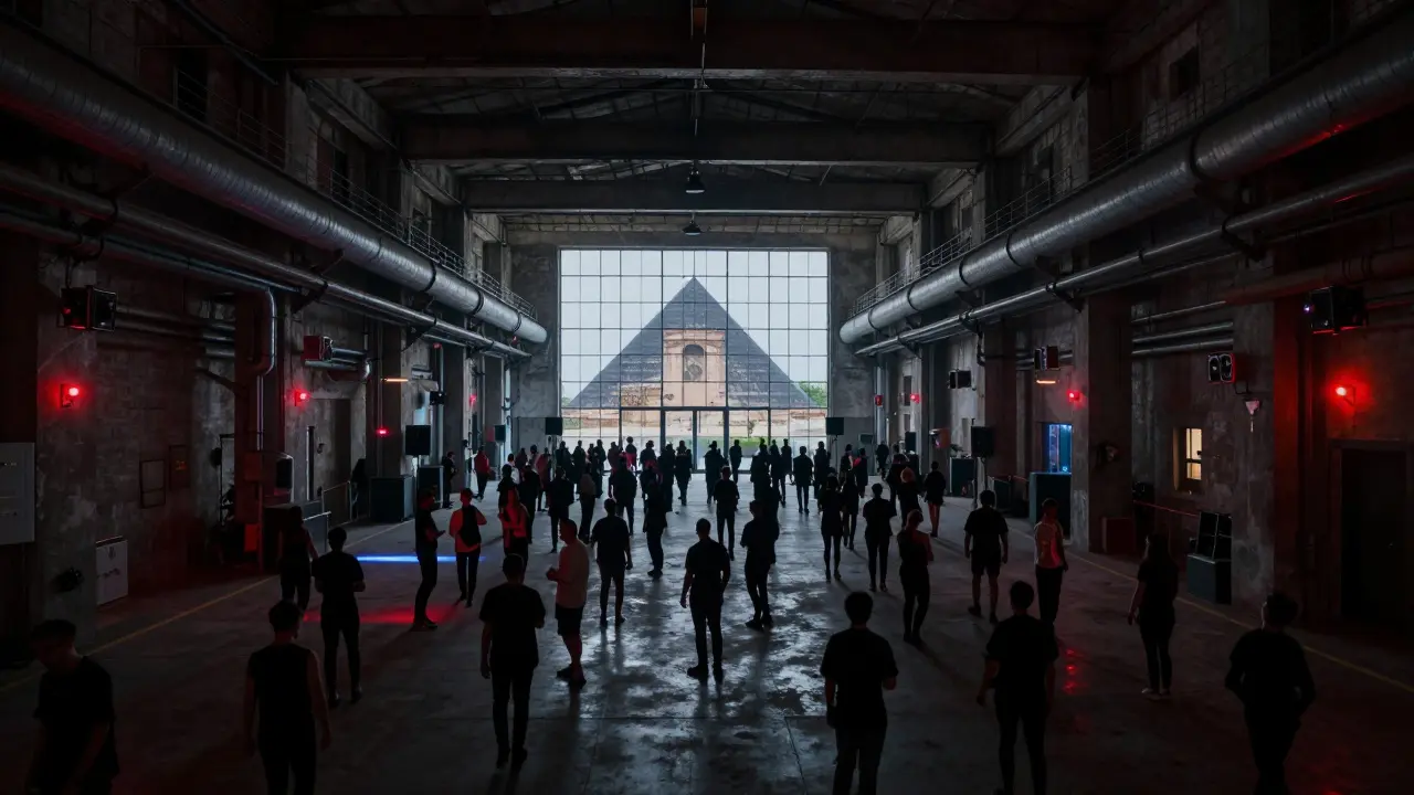 An industrial warehouse club with concrete floors and dancers under strobe lights, pyramid visible in background.