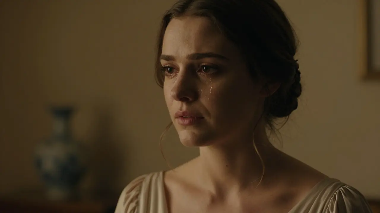 Close-up of performer in emotional film scene, soft lighting, cinematic quality