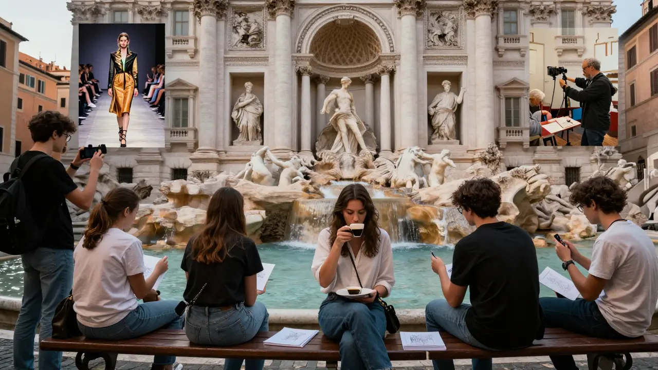 Federica at dawn near Trevi Fountain, sharing quiet moments with a group of teenagers inspired by her creative journey.