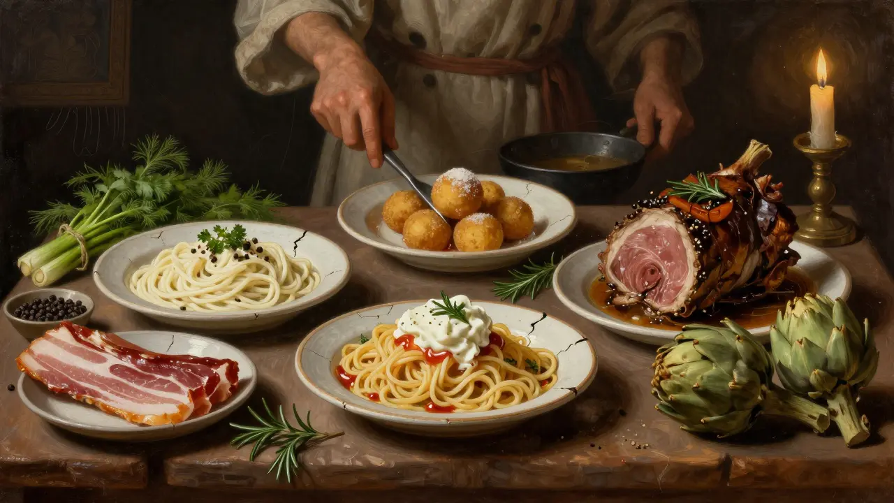 Five classic Roman dishes arranged like a culinary altar, surrounded by fresh ingredients under candlelight.