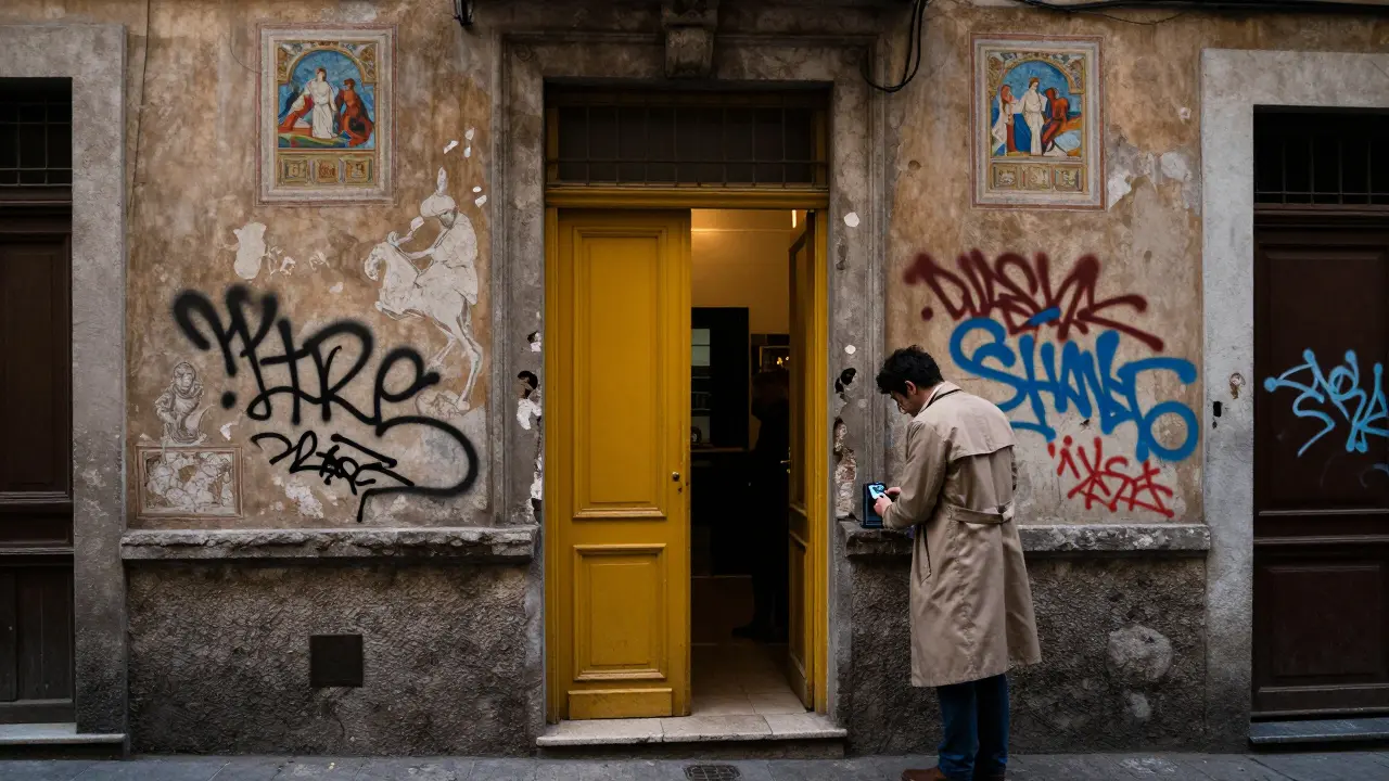 Graffiti blends with ancient frescoes in a Rome alleyway as a figure places an audio device against a crumbling wall near a yellow door.