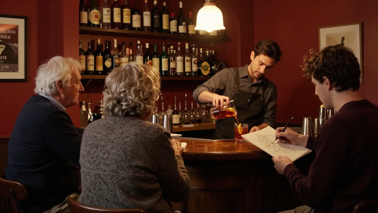 Inside Il Salotto bar, patrons sharing drinks in a cozy, dimly lit setting.