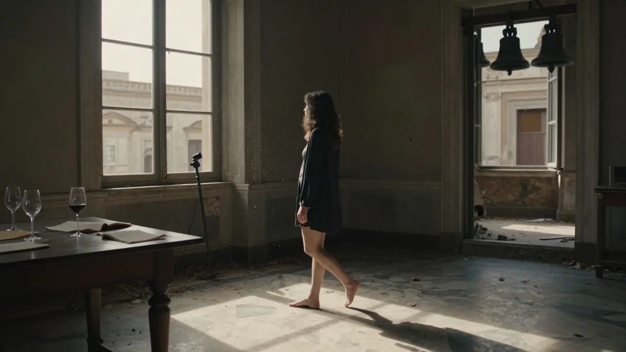 Malena walking alone in a sunlit abandoned Roman palazzo, camera on windowsill, script pages scattered on table.