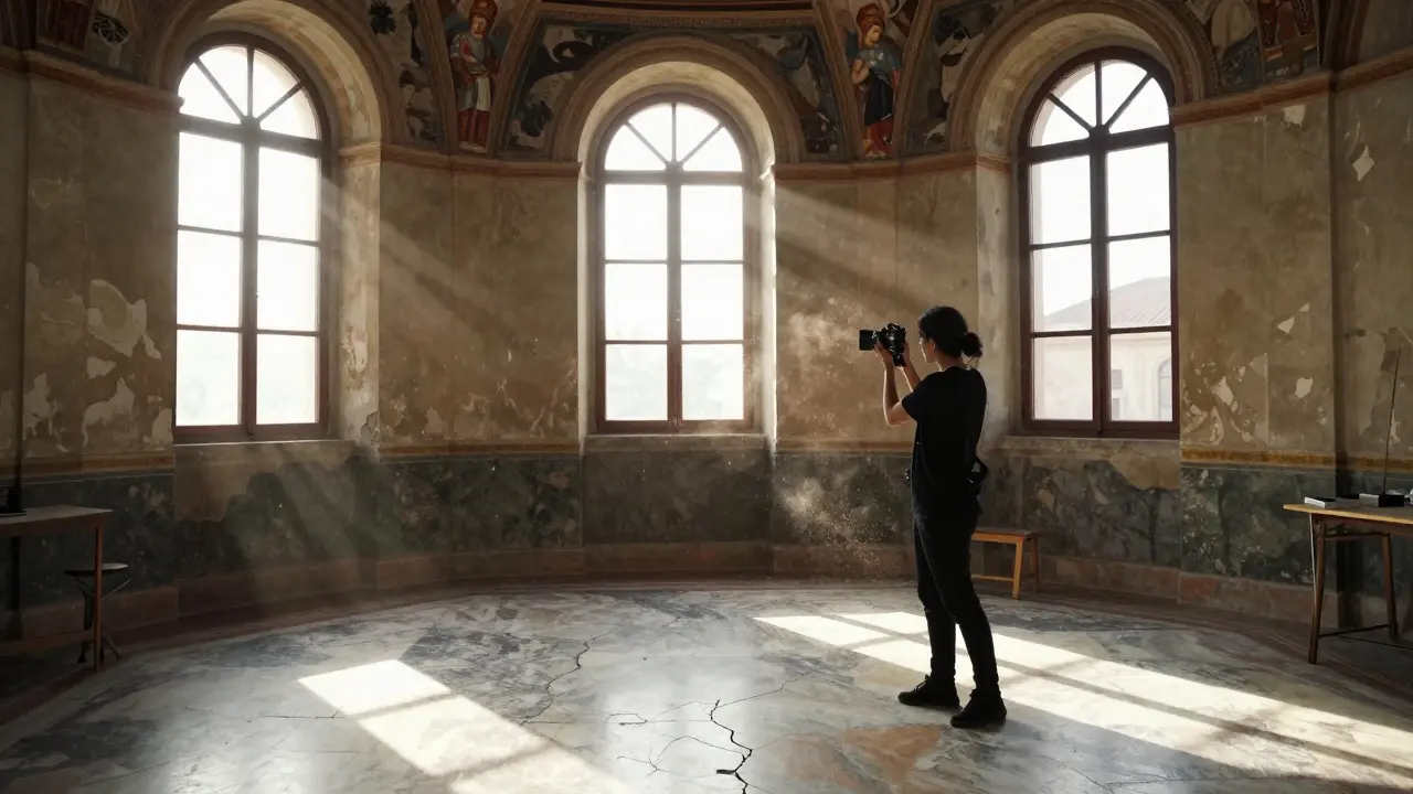 Marica filming in a Roman convent with natural sunlight streaming through arched windows, frescoes in background.