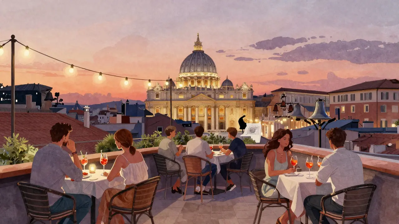 Rooftop bar with guests sipping spritz under string lights, St. Peter’s Dome glowing in the distance.