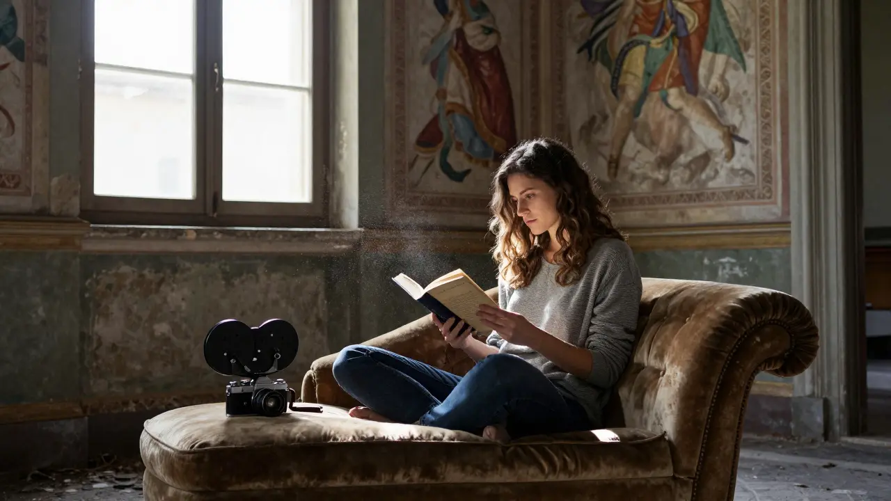 Sara Bell reading Italian literature in an old Palazzo, natural light streaming through broken windows.