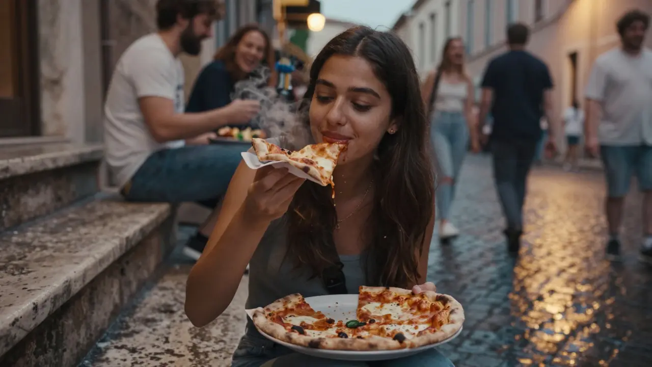 Silvia eats pizza al taglio on a stone step in Monti, sauce on her chin, dusk light warming the scene.