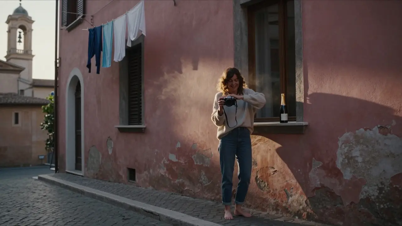 Silvia filming in Trastevere at dawn, barefoot, laughing, with a bottle of prosecco and a camera nearby.