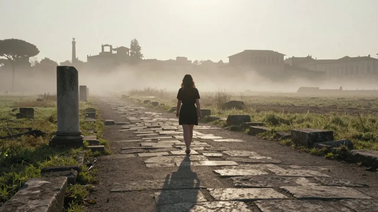Silvia walks barefoot on the ancient Appian Way at dawn, mist rising, ruins fading into the horizon.