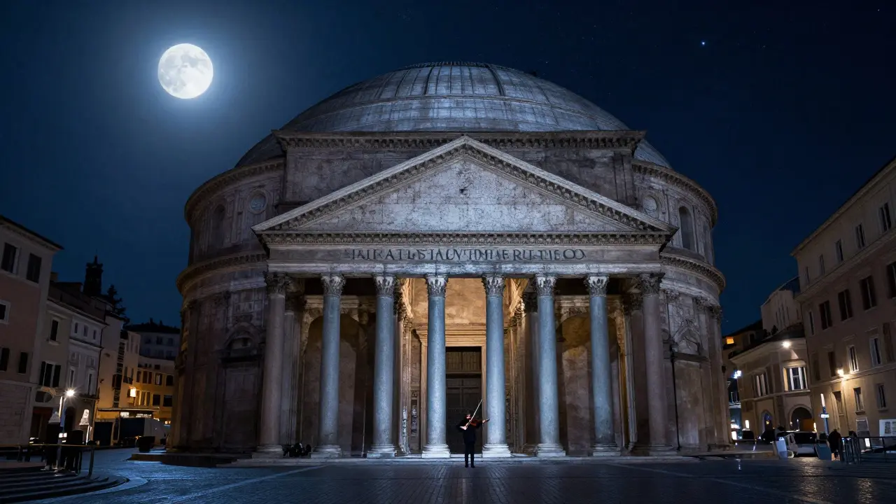 The Pantheon at midnight under a starry sky with a violinist playing on the steps.