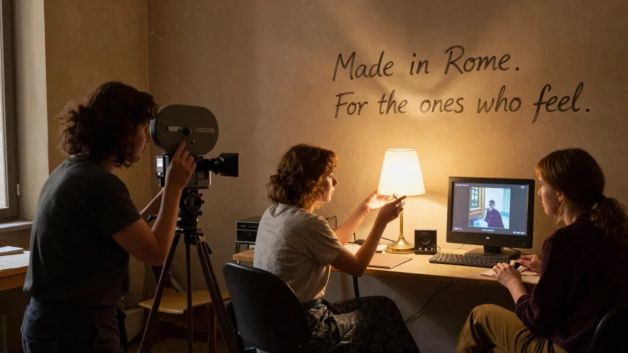 Three women work silently in a converted convent studio, filming with an old camera under warm afternoon light.