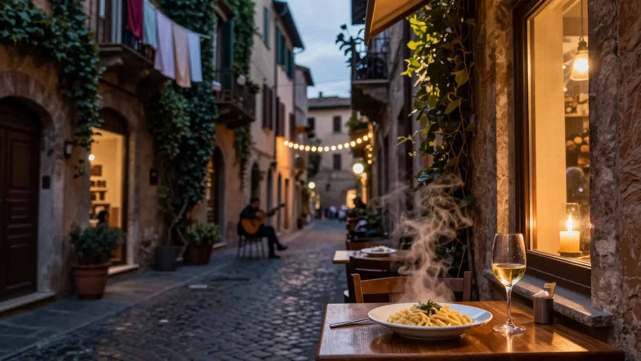 Trastevere street at twilight with glowing trattoria window, cacio e pepe on table, warm candlelight and ivy-covered buildings.