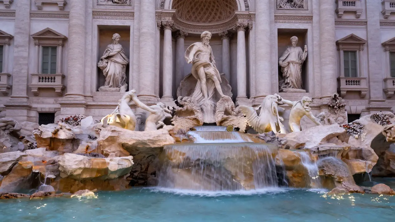 Trevi Fountain at dawn with a coin mid-flight, serene and quiet, no crowds, water shimmering in soft light.
