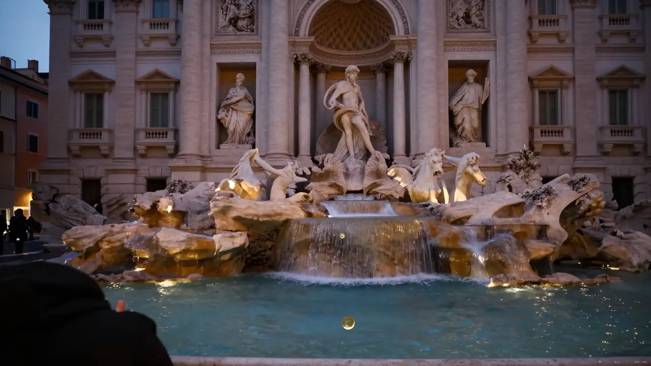 Trevi Fountain at dusk, a coin mid-flight above the water, lanterns glowing on wet cobblestones.