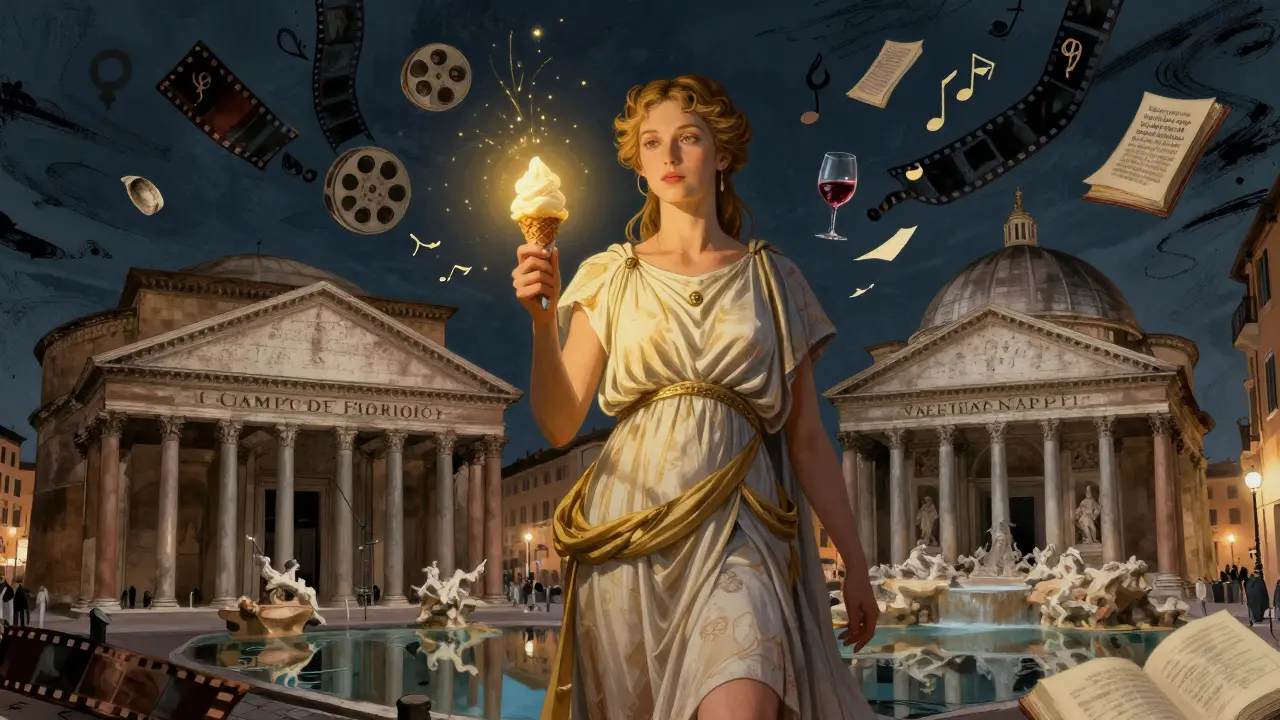 Valentina Nappi as a modern goddess in Campo de’ Fiori, glowing gelato in hand, floating film reels and books around her.