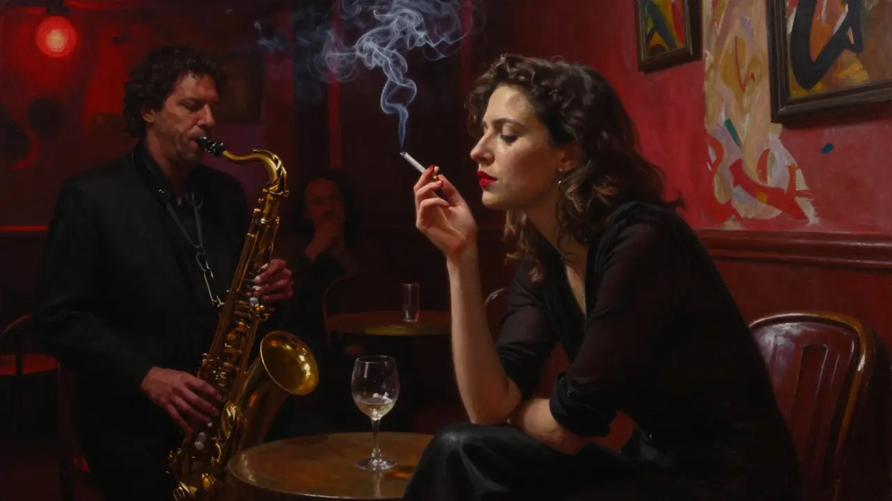 Valentina Nappi in a dim jazz club in Monti, listening to a saxophonist, cigarette smoke curling in red lighting.