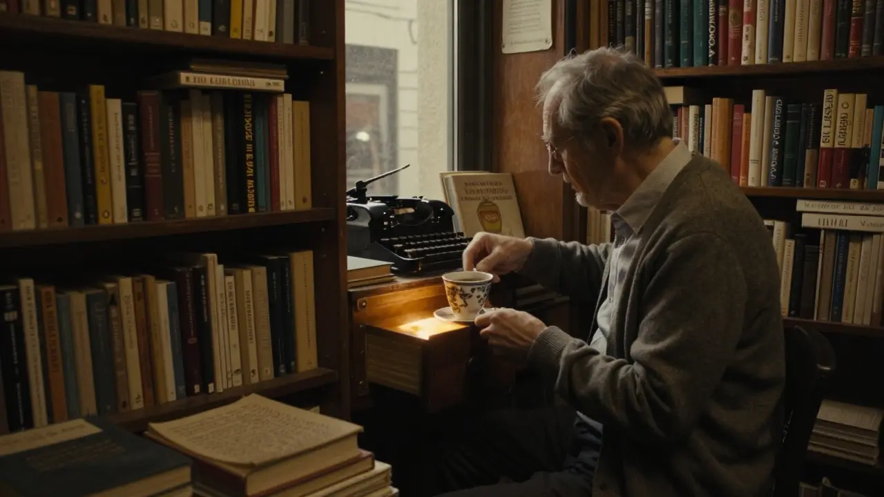 A cozy bookshop with dusty shelves and a locked drawer glowing in soft light.