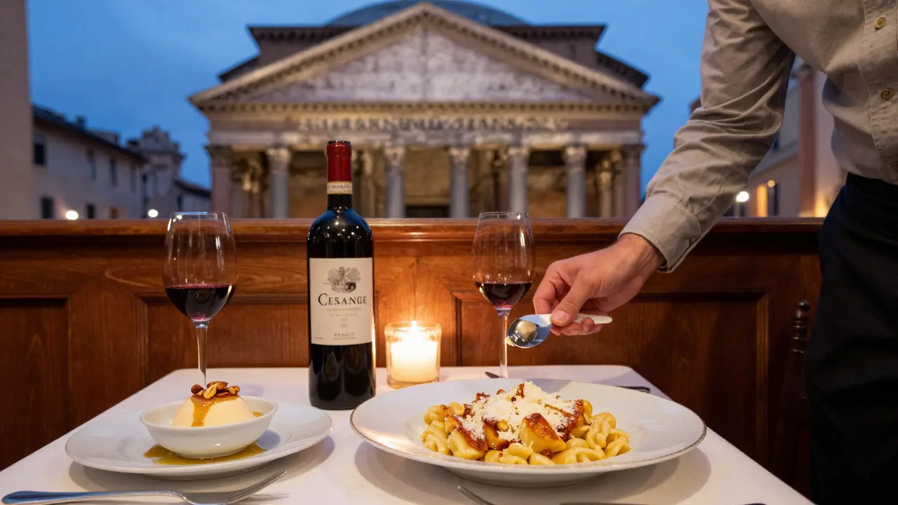 A dinner plate of golden gnocchi with melted Parmesan and a carafe of local wine, lit by candlelight near the Pantheon.
