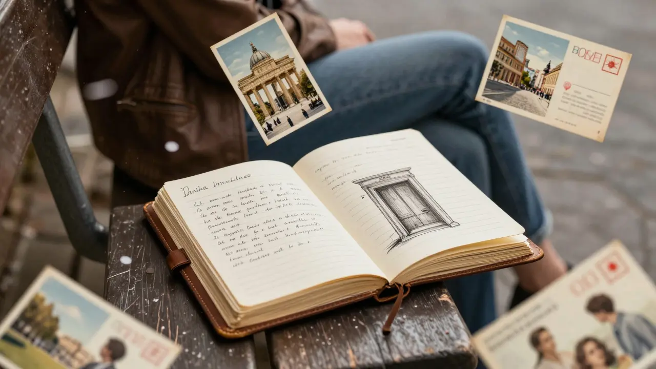 A handwritten journal and floating vintage Rome postcards drifting gently, symbolizing quiet inspiration across cities.