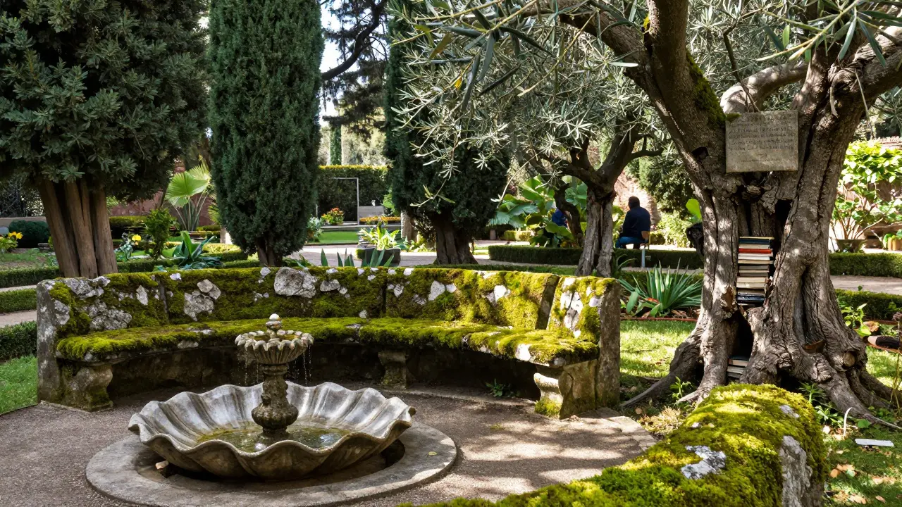 A hidden garden in Villa Doria Pamphilj with a stone fountain, mossy bench, and ancient olive tree bearing traces of forgotten books.