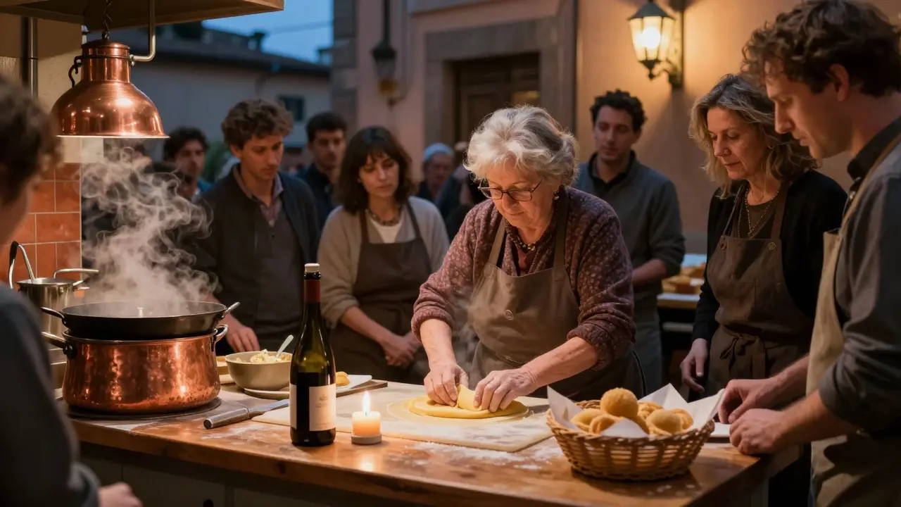 A local nonna prepares cacio e pepe in a warm, lantern-lit Trastevere kitchen at night.