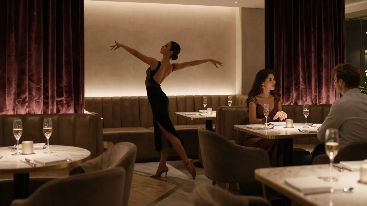 A luxurious lounge with velvet curtains, private booths, and a dancer performing gracefully for a couple sipping champagne.