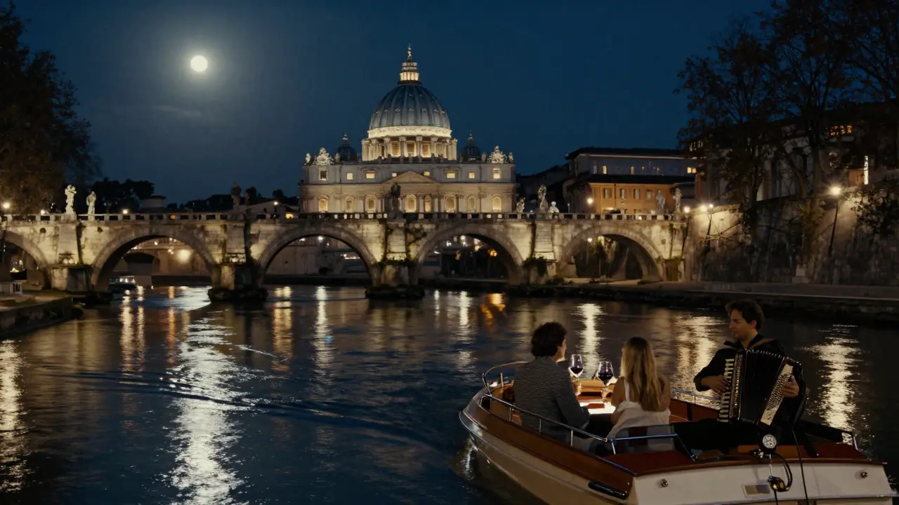 A quiet boat glides under Ponte Sant'Angelo at night, St. Peter's dome glowing in the distance.