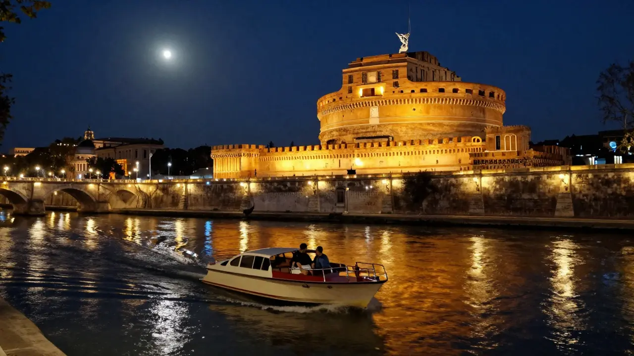 A quiet boat ride on the Tiber River past Castel Sant’Angelo, lights reflecting on water.