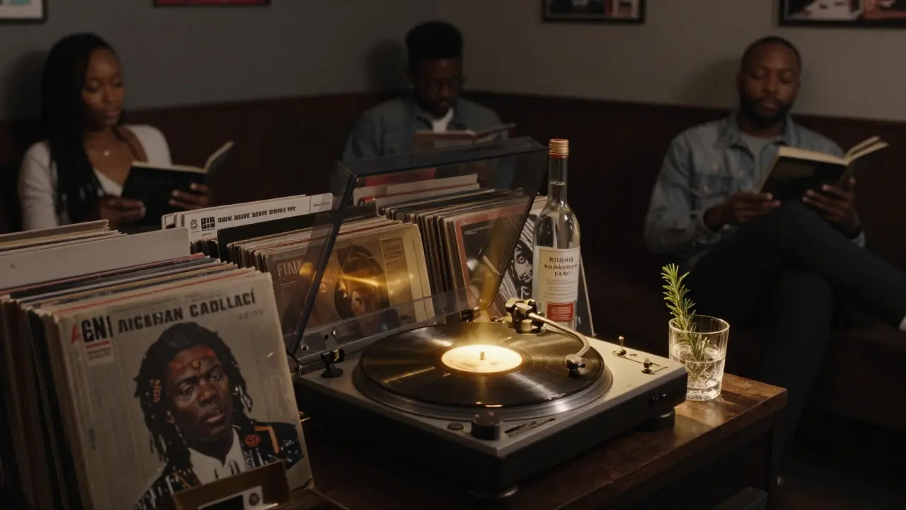 A selector placing a vinyl record on a turntable surrounded by rare albums, in a hushed club setting.