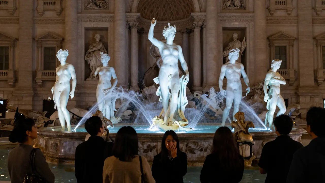 A silent fountain in Piazza Navona lit by projected mythological patterns on water mist, people standing in awe.
