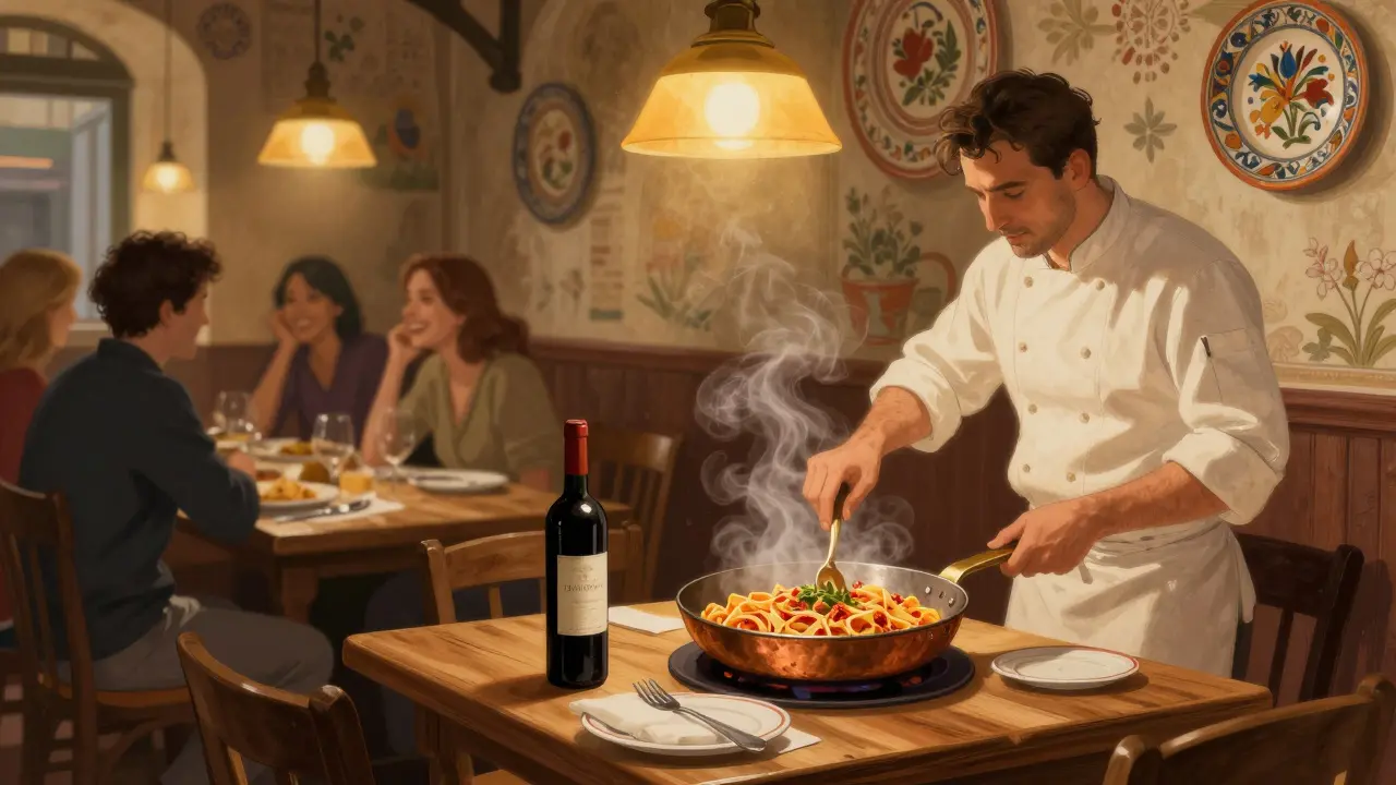 A warm Roman trattoria with a chef cooking pasta, locals laughing in the background.