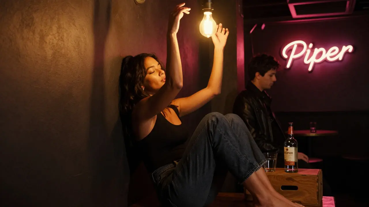 A woman dancing barefoot in dark clothing, golden light above her, vintage neon sign in background, no phones visible.