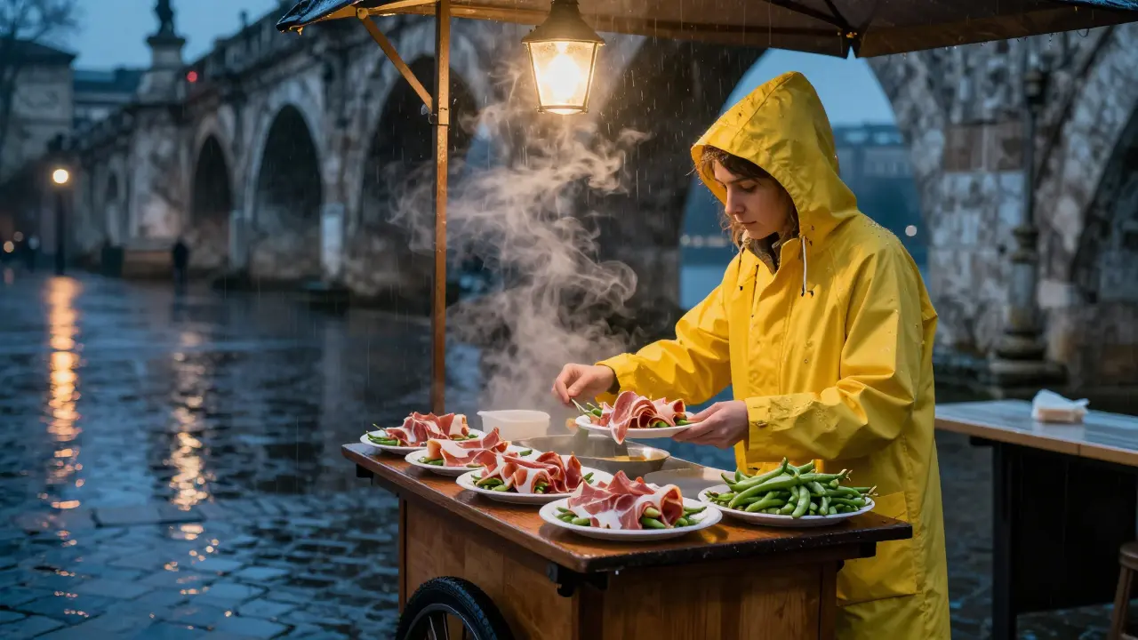 A woman in a yellow raincoat serves pancetta and fava beans at a rainy Rome street cart.