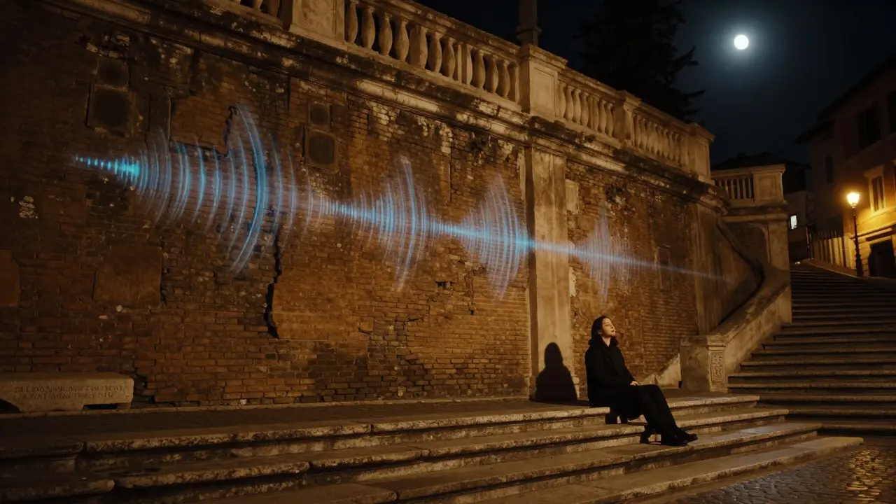 An ancient brick wall near Spanish Steps glowing faintly as a lone figure sits in quiet reflection under moonlight.
