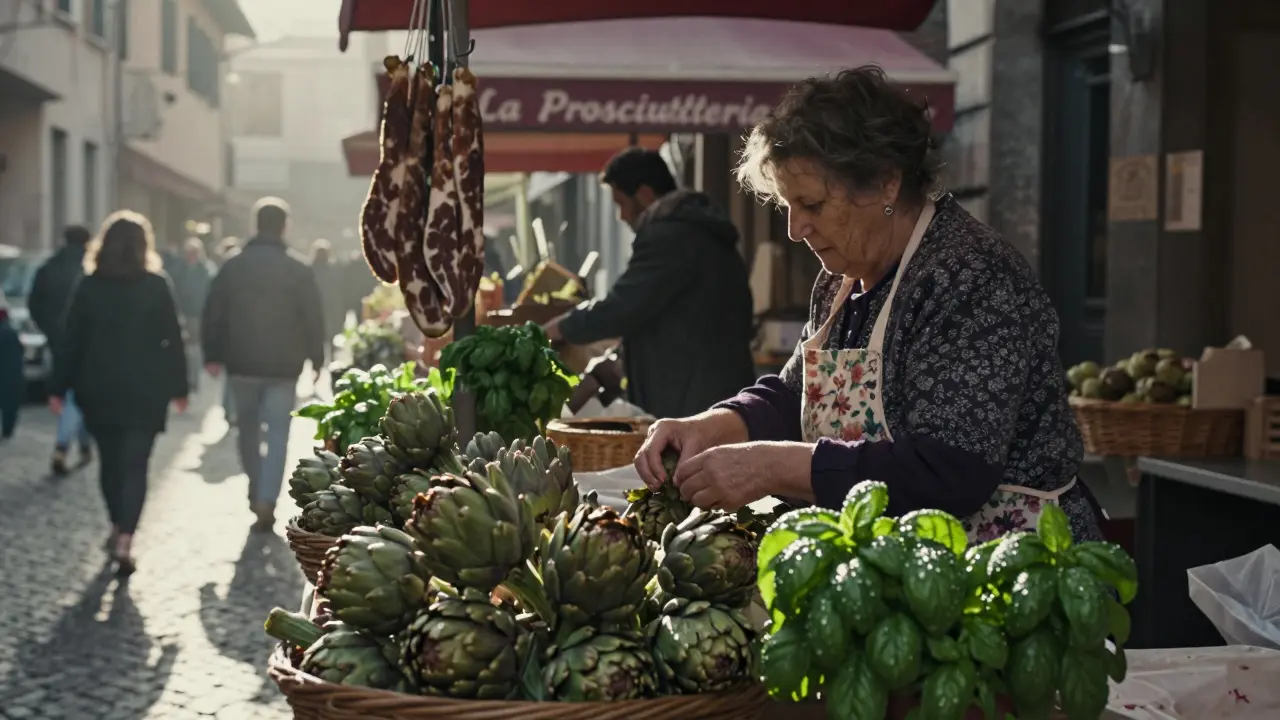 An elderly woman selecting fresh artichokes and guanciale at a bustling Roman market at dawn, red awning behind her.