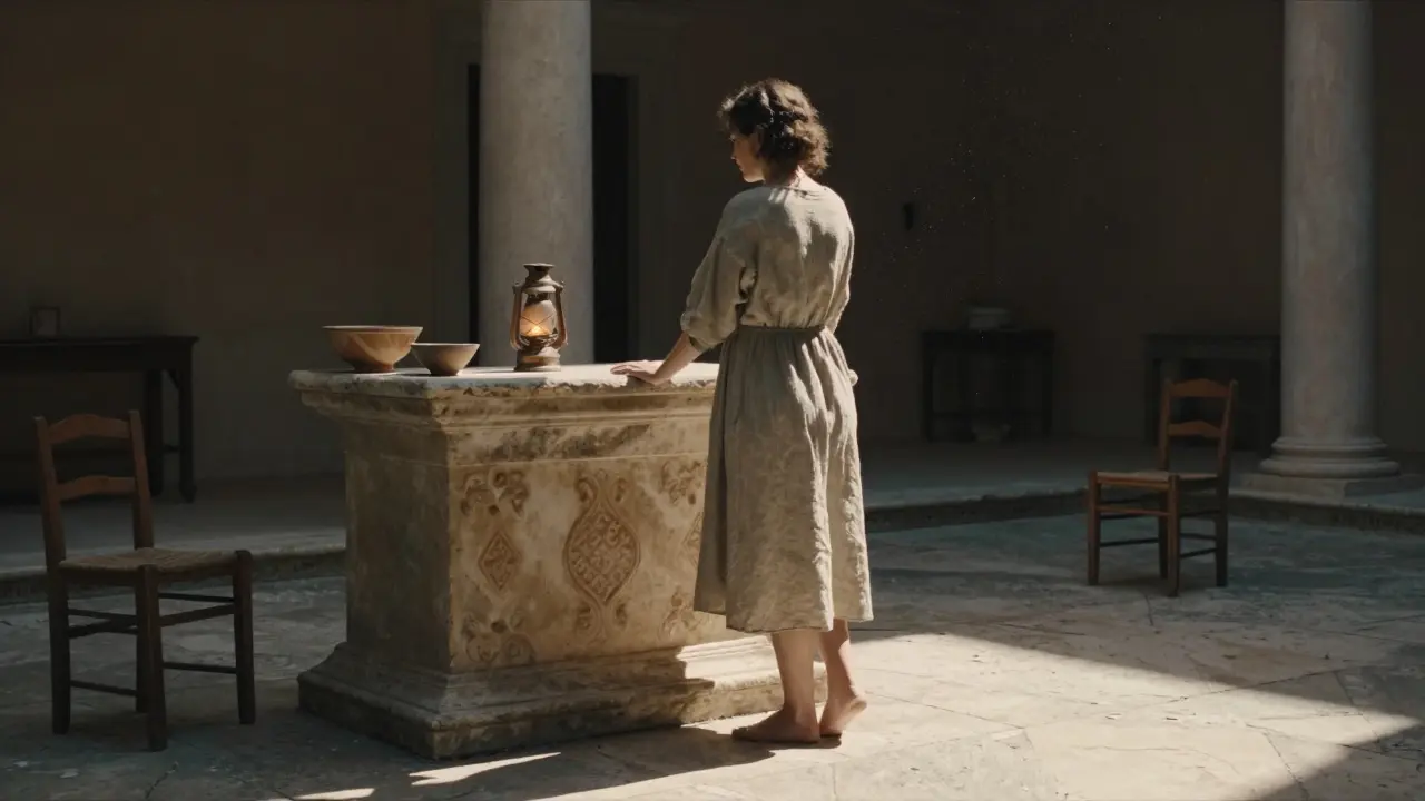 Artemisia Love stands in a sunlit Roman courtyard, her back turned, surrounded by ancient stone and a flickering oil lamp.