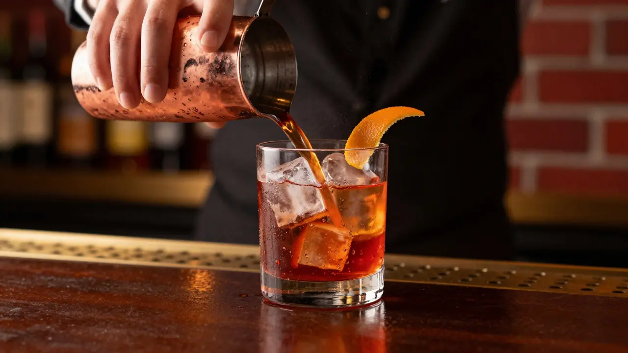 Close-up of a bartender pouring a craft cocktail with orange garnish