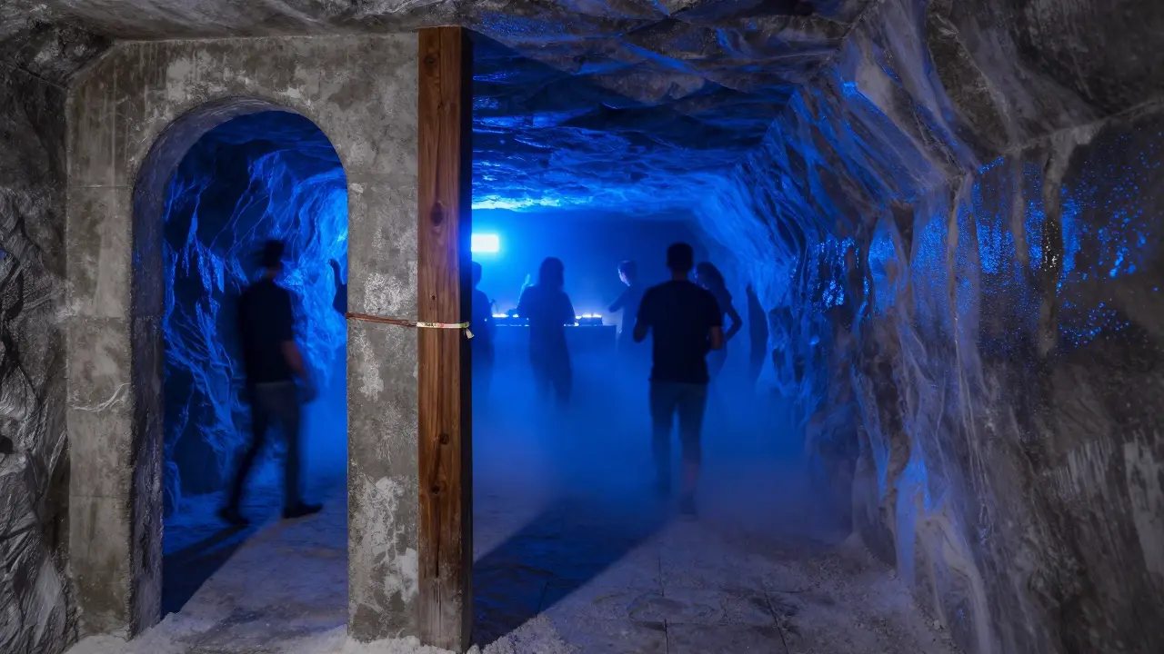Dancers in a saltwater mist at The Salt Cave after-party, hidden inside a repurposed salt warehouse with pulsing neon lights.