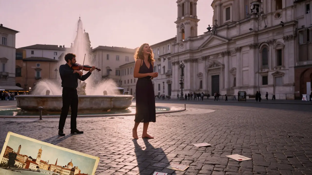 Danika barefoot on Piazza Navona’s cobblestones, laughing as a violinist plays at dawn, postcards scattered nearby.