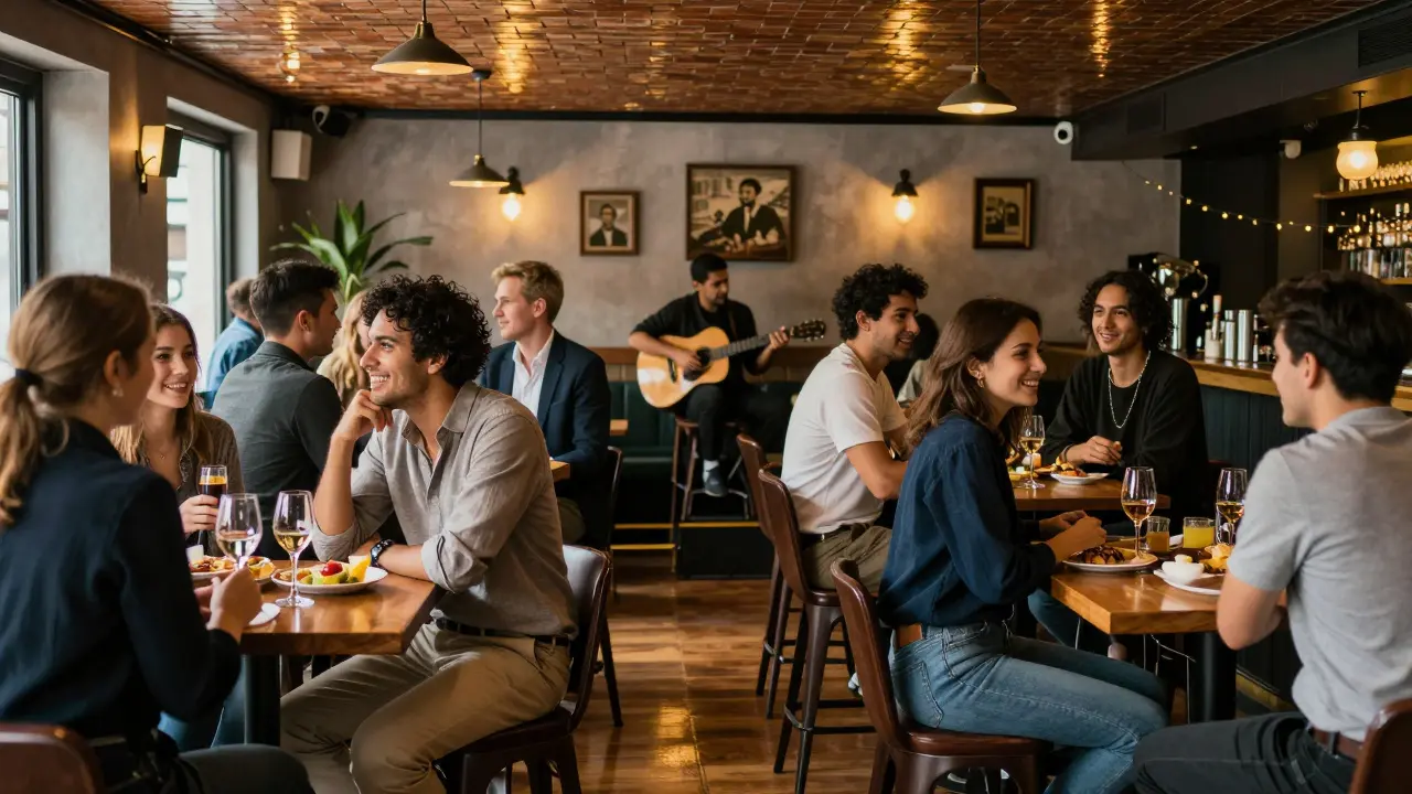 Diverse group of friends socializing in a stylish dimly lit bar