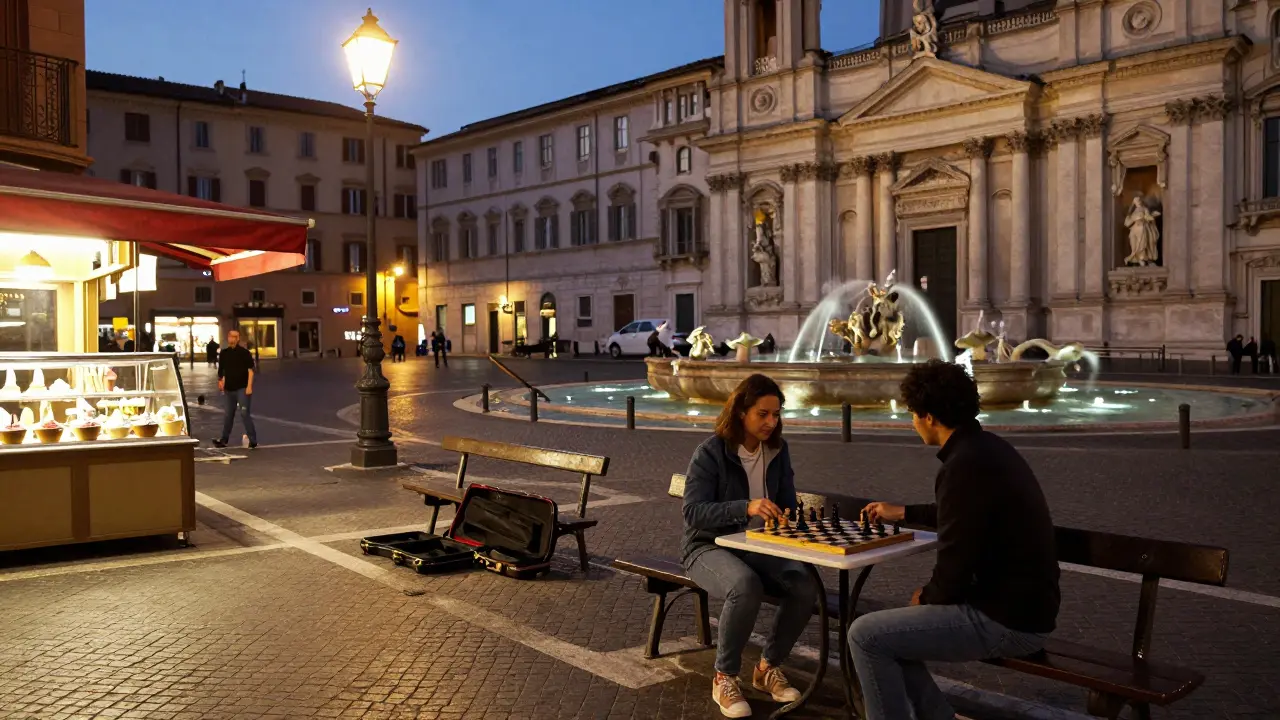 Empty Piazza Navona at night with a couple on a bench and a paused chess game under lantern light.