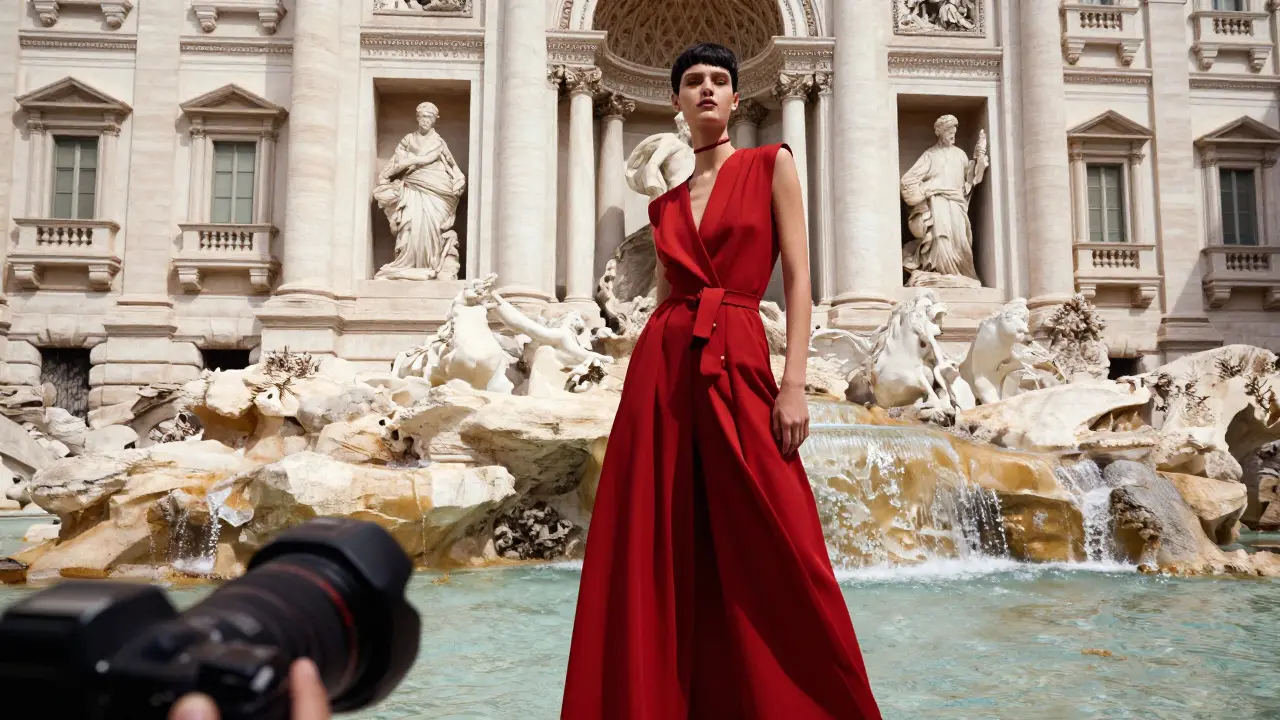 Fashion editorial shot of a stylish person on historic Roman steps.