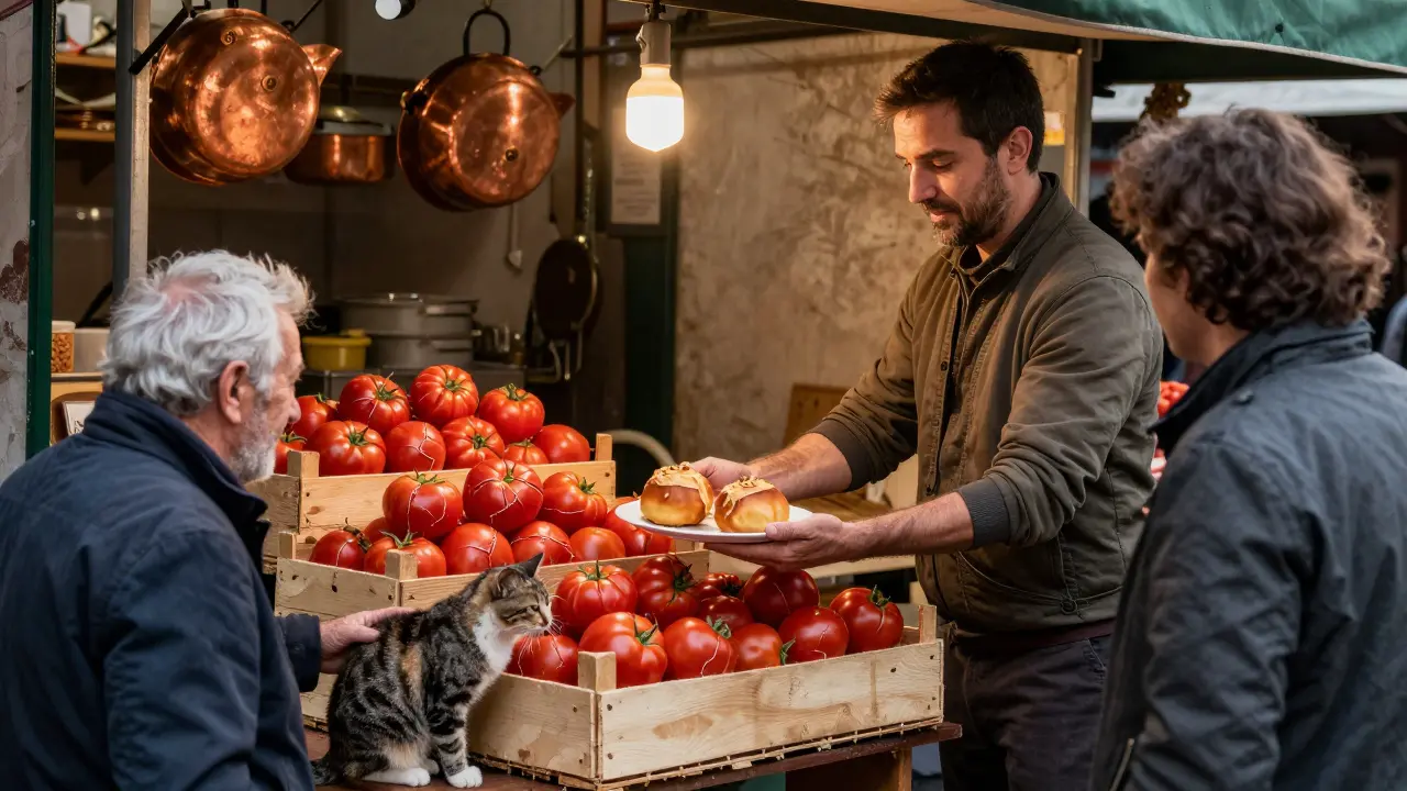Gia hands warm supplì to a visitor and an elderly man feeding cats at Testaccio Market.