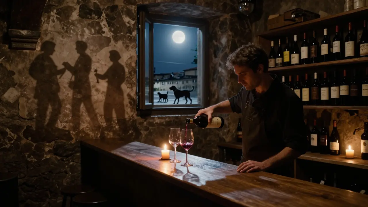 Gia pours wine in a hidden Roman cellar as moonlight filters through a high window.