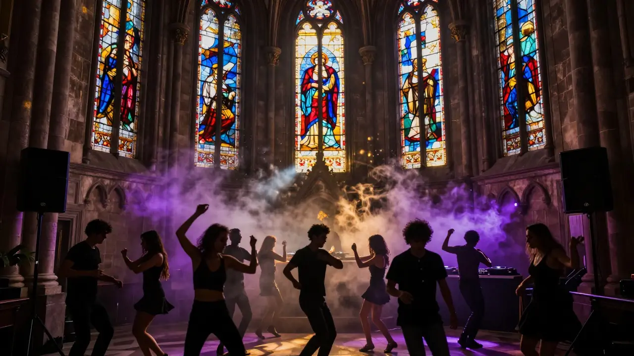 Inside a converted church club, dancers move under colored stained-glass light and powerful sound systems.