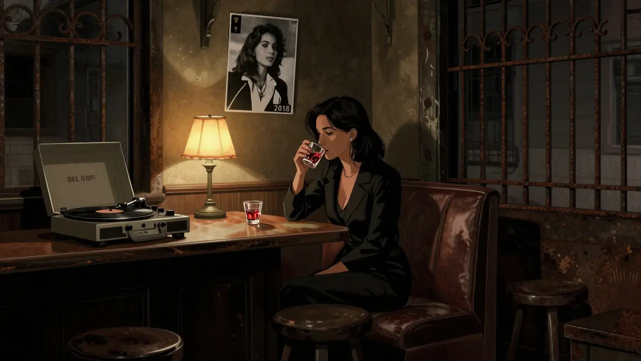 Inside a dim, cozy bar, a woman sips amaro under a vintage record player, a faded photo of her on the wall.
