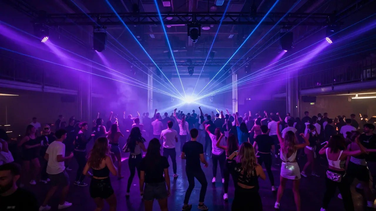 Large crowd dancing under purple lasers inside a nightclub.