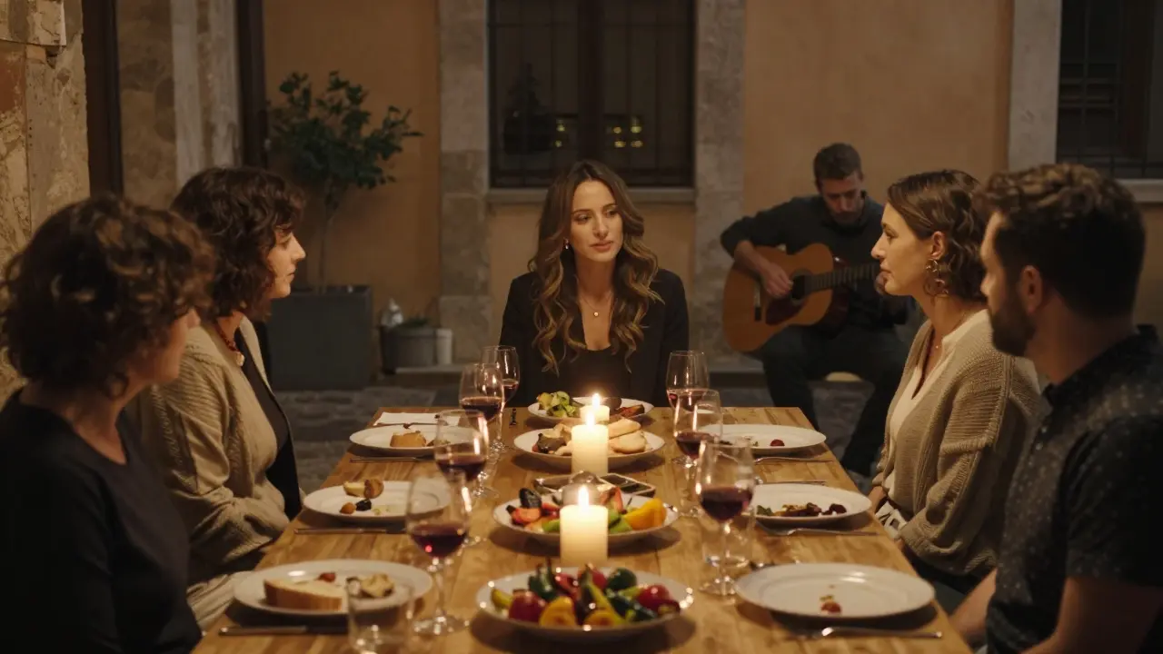 Lisa Ann at a quiet courtyard dinner in Rome, candlelight on wooden table, people gathered, no one looking at her—just presence.